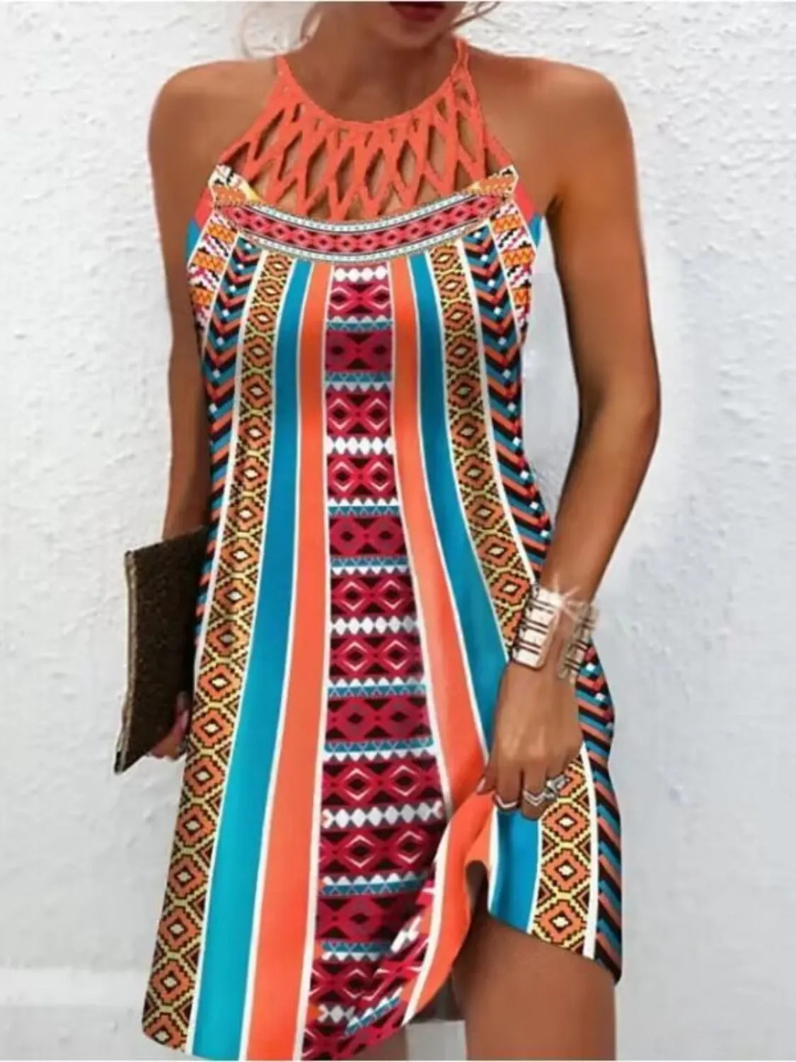 Printed Grecian Neck Mini Dress - Wellen Fashion