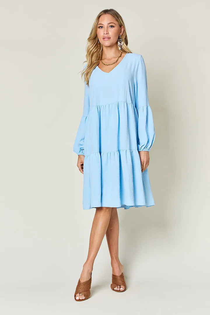 Double Take Full Size V-Neck Balloon Sleeve Tiered Dress with Pockets - Wellen Fashion