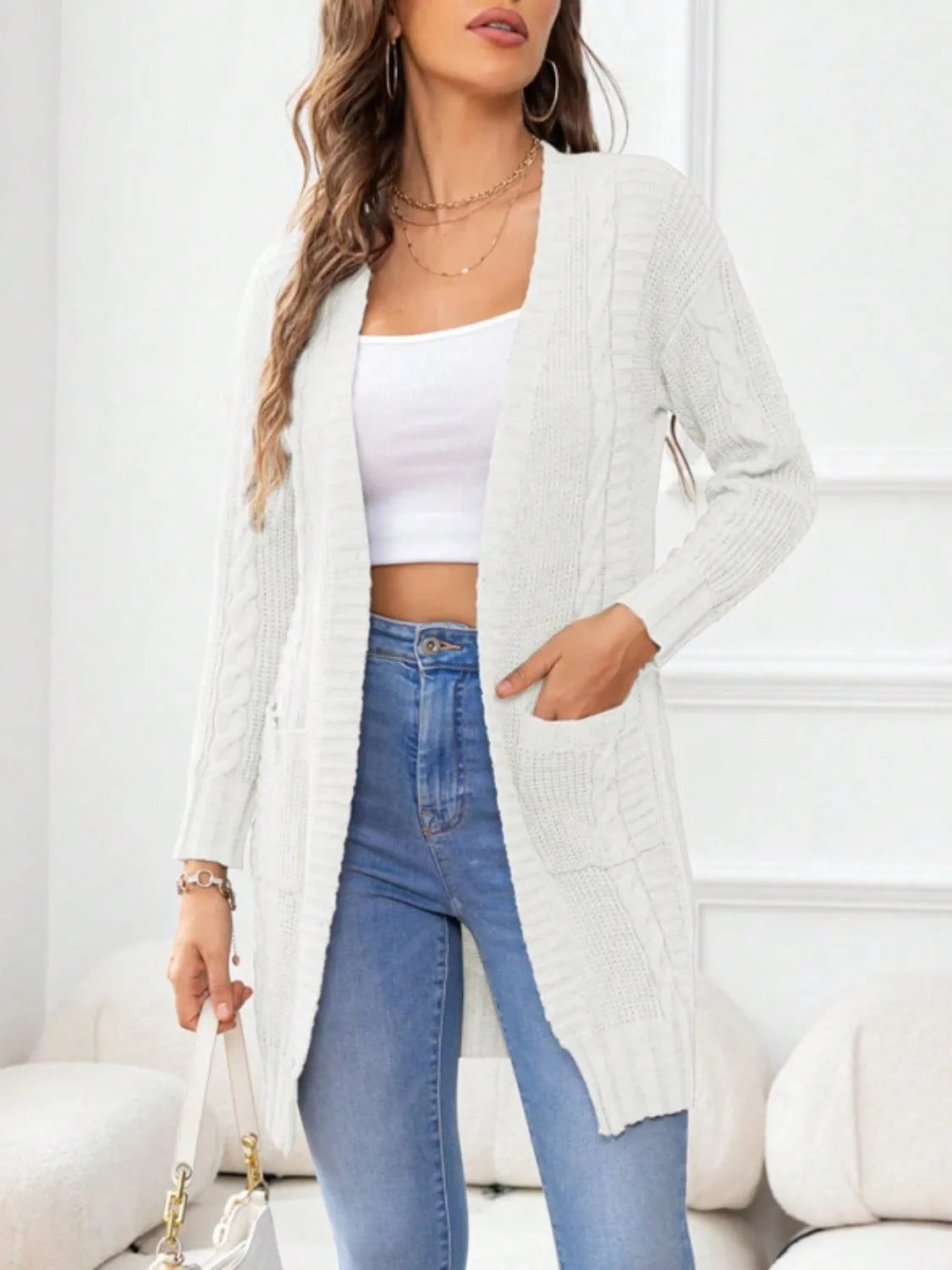 Open Front Long Sleeve Cardigan - Wellen Fashion