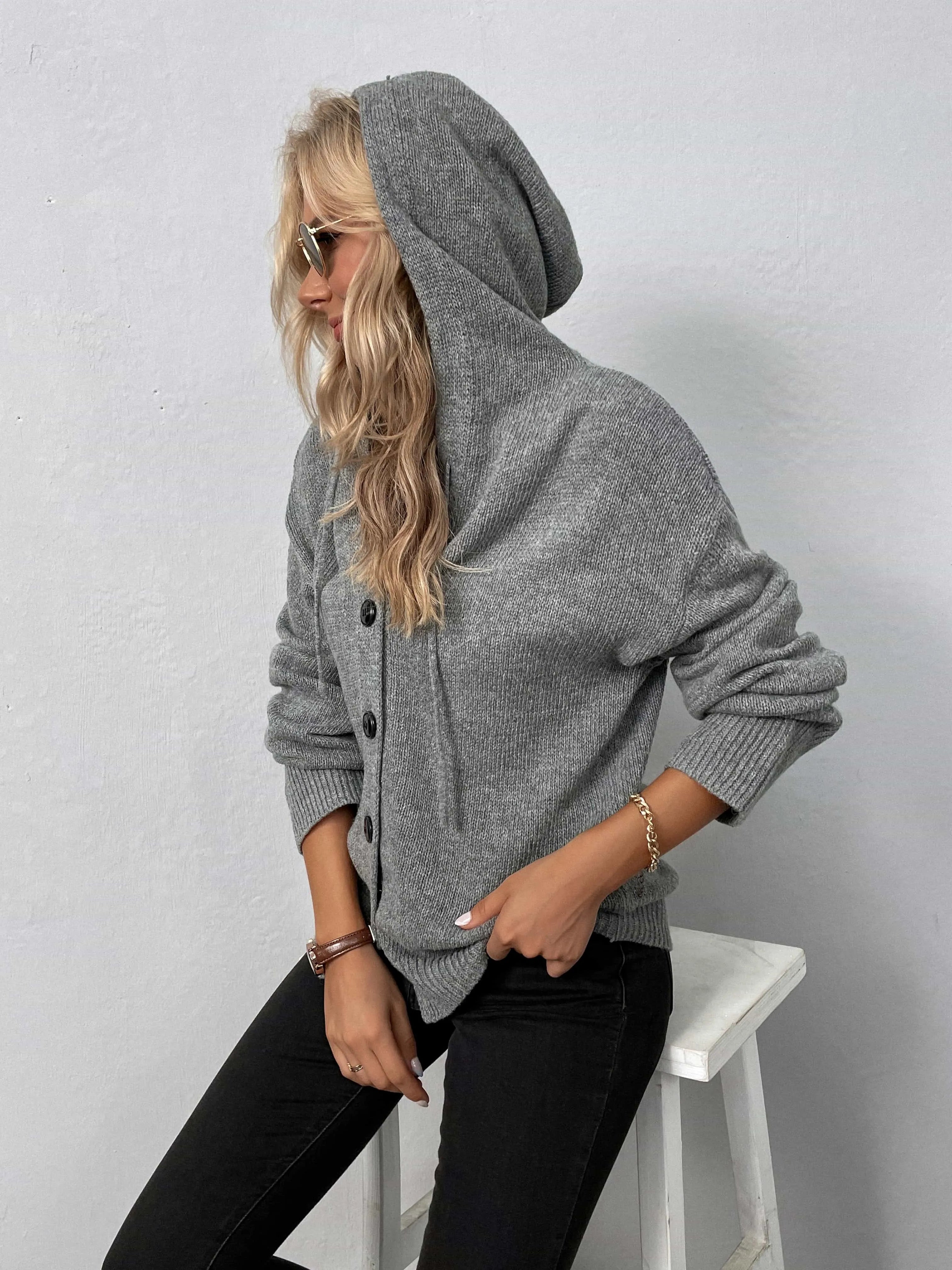 Button-Down Long Sleeve Hooded Sweater - Wellen Fashion