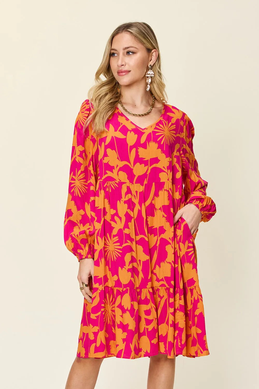 Double Take Full Size Printed Ruffle Hem Dress with Pocket - Wellen Fashion