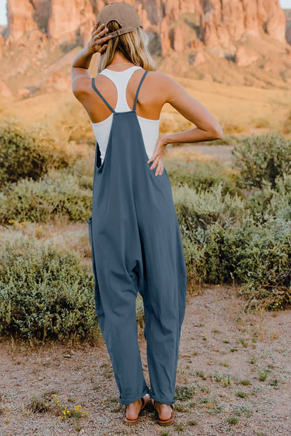 Double Take Full Size V-Neck Sleeveless Jumpsuit with Pockets - Wellen Fashion