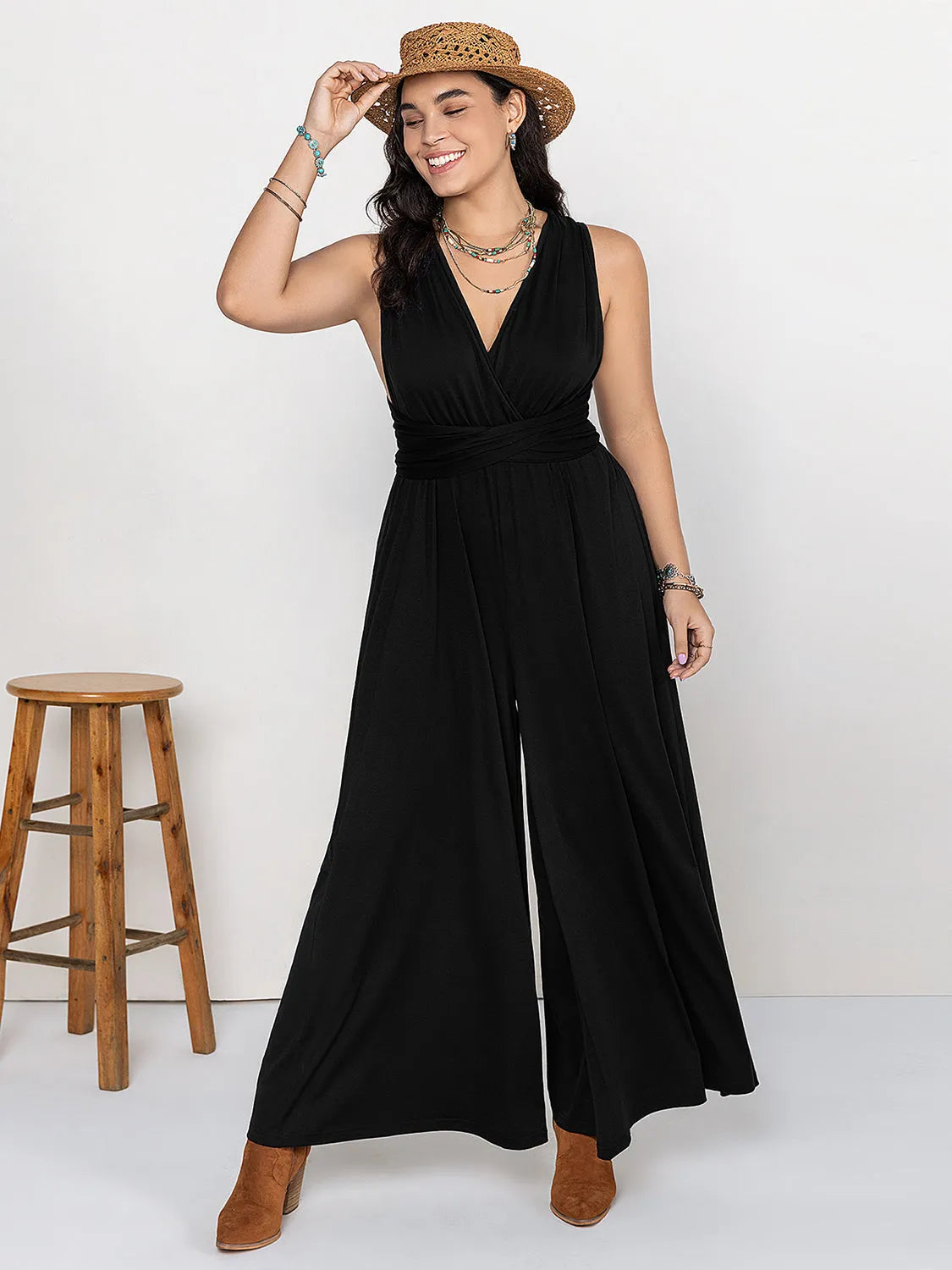 Plus Size V-Neck Wide Leg Jumpsuit - Wellen Fashion