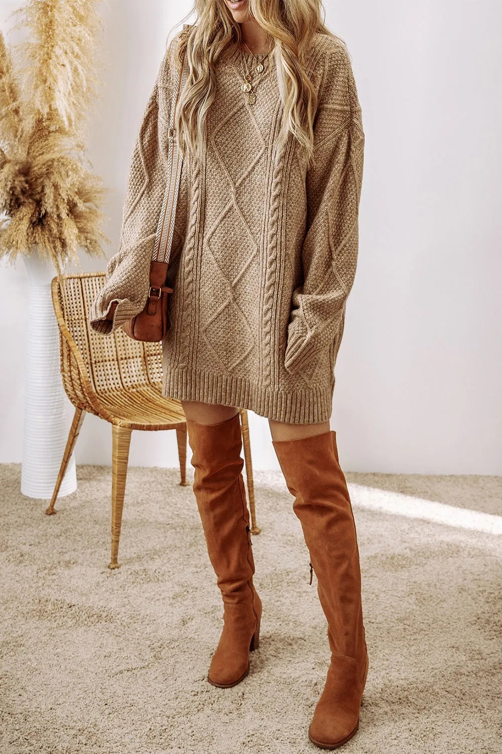 Cable-Knit Round Neck Sweater Dress - Wellen Fashion