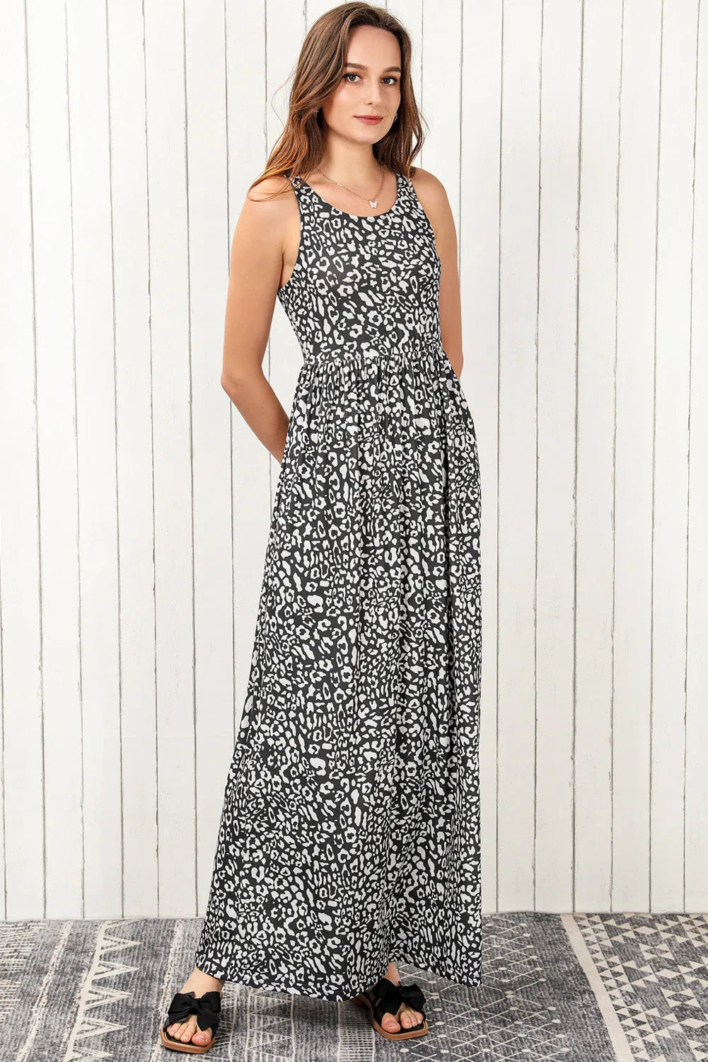 Leopard Round Neck Sleeveless Maxi Dress - Wellen Fashion