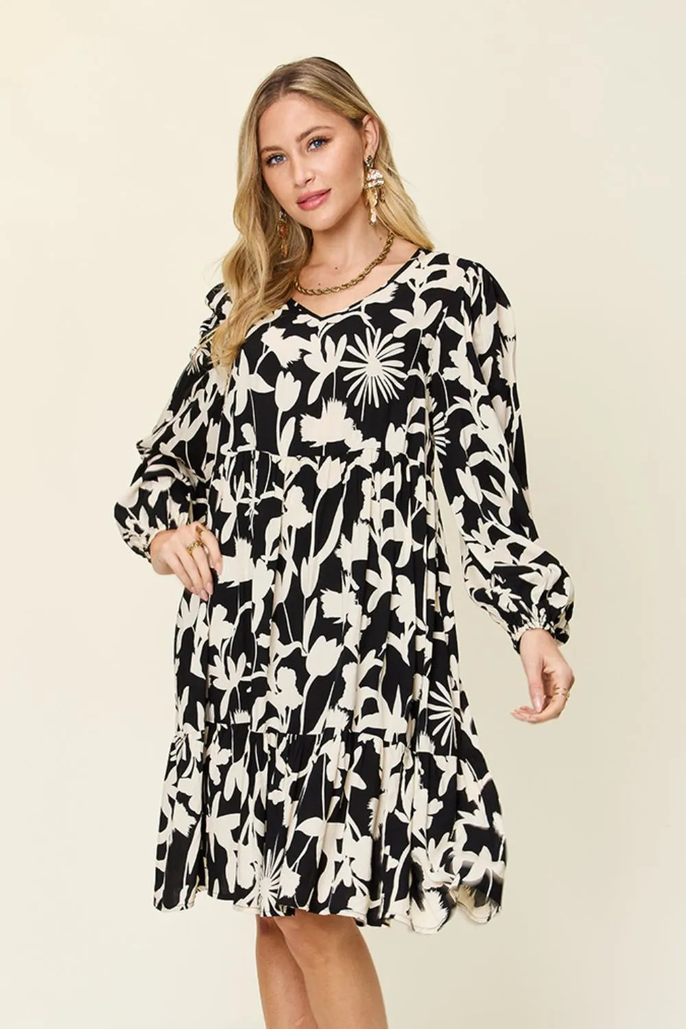 Double Take Full Size Printed Ruffle Hem Dress with Pocket - Wellen Fashion