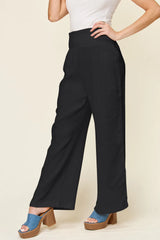 Double Take Full Size Texture Smocked Waist Wide Leg Pants - Wellen Fashion