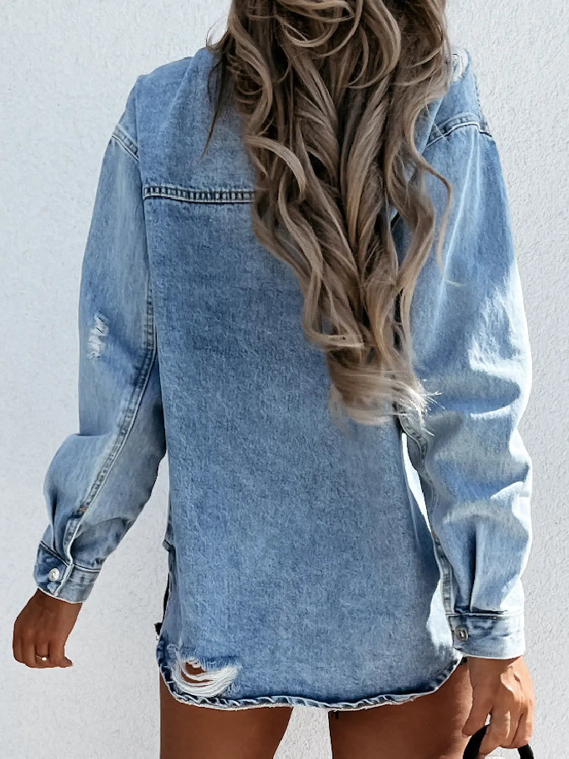 Distressed Snap Down Denim Jacket - Wellen Fashion