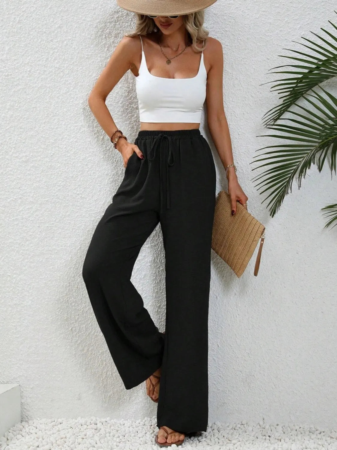 Wide Leg Drawstring Pants - Wellen Fashion