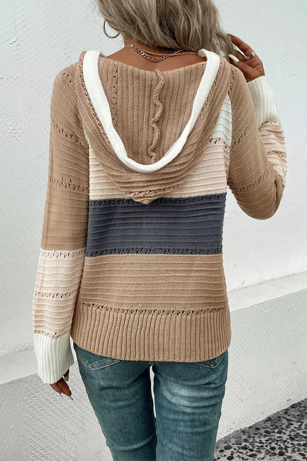 Color Block Drawstring Hooded Sweater - Wellen Fashion