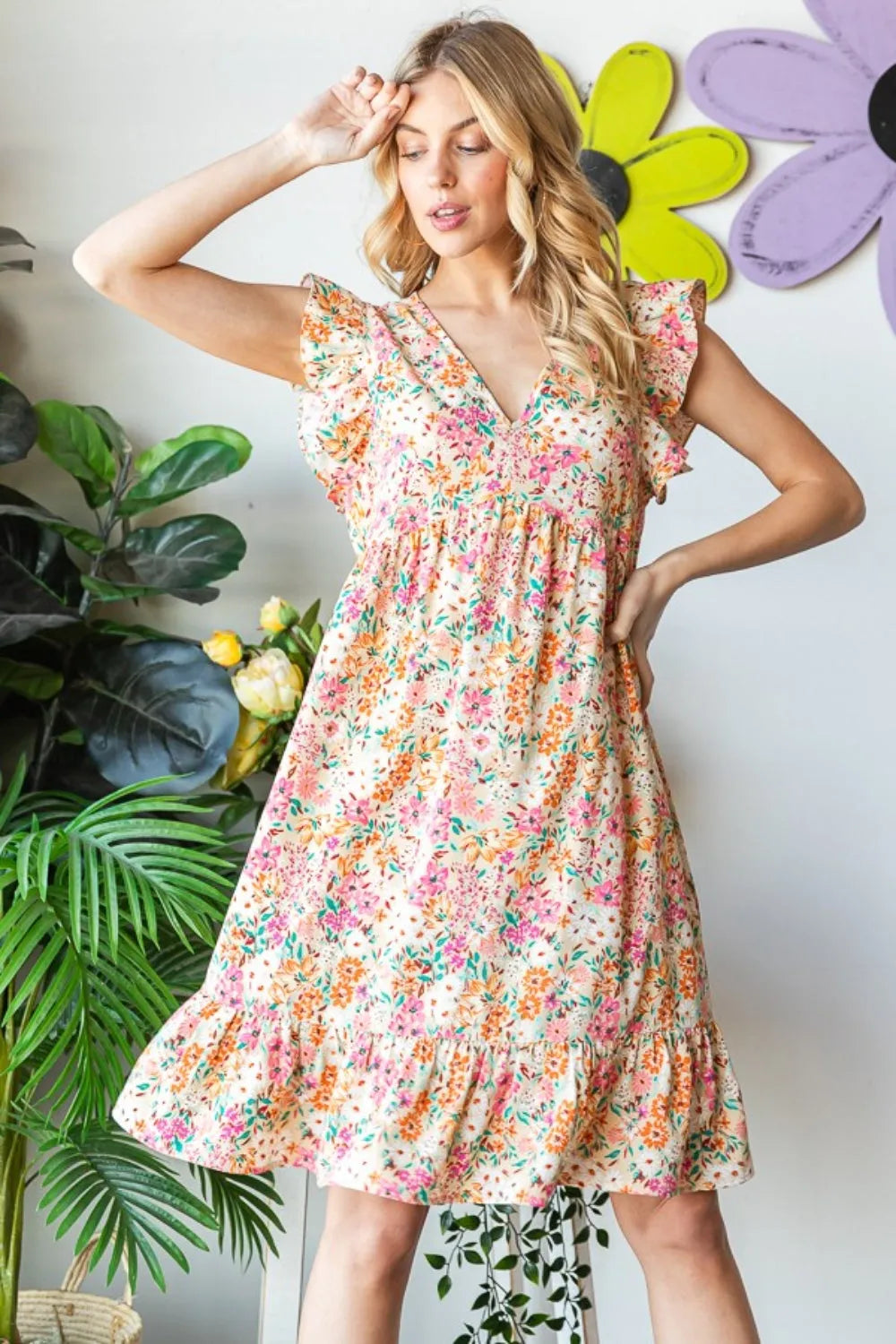 Heimish Full Size Floral Ruffled V-Neck Dress - Wellen Fashion