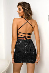 Sequined Lace-Up Backless Mini Dress - Wellen Fashion