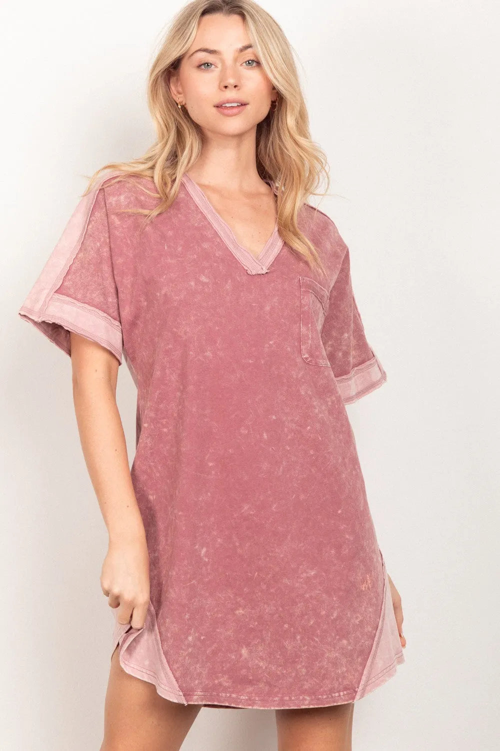 VERY J Short Sleeve V-Neck Tee Dress - Wellen Fashion