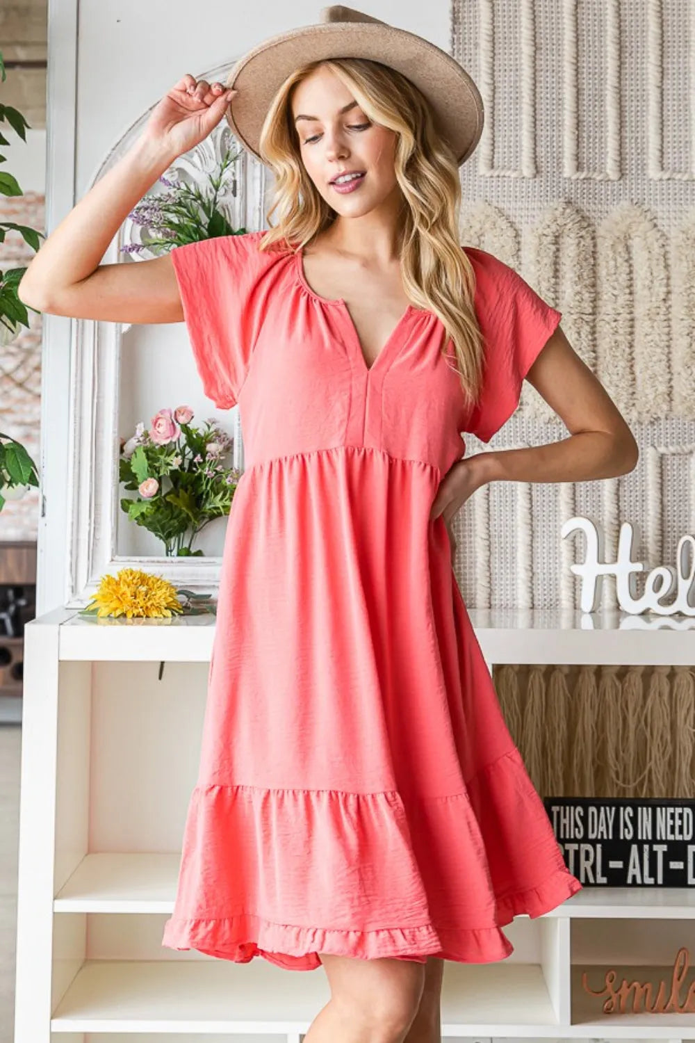 Reborn J Ruffled Notched Cap Sleeve Dress - Wellen Fashion