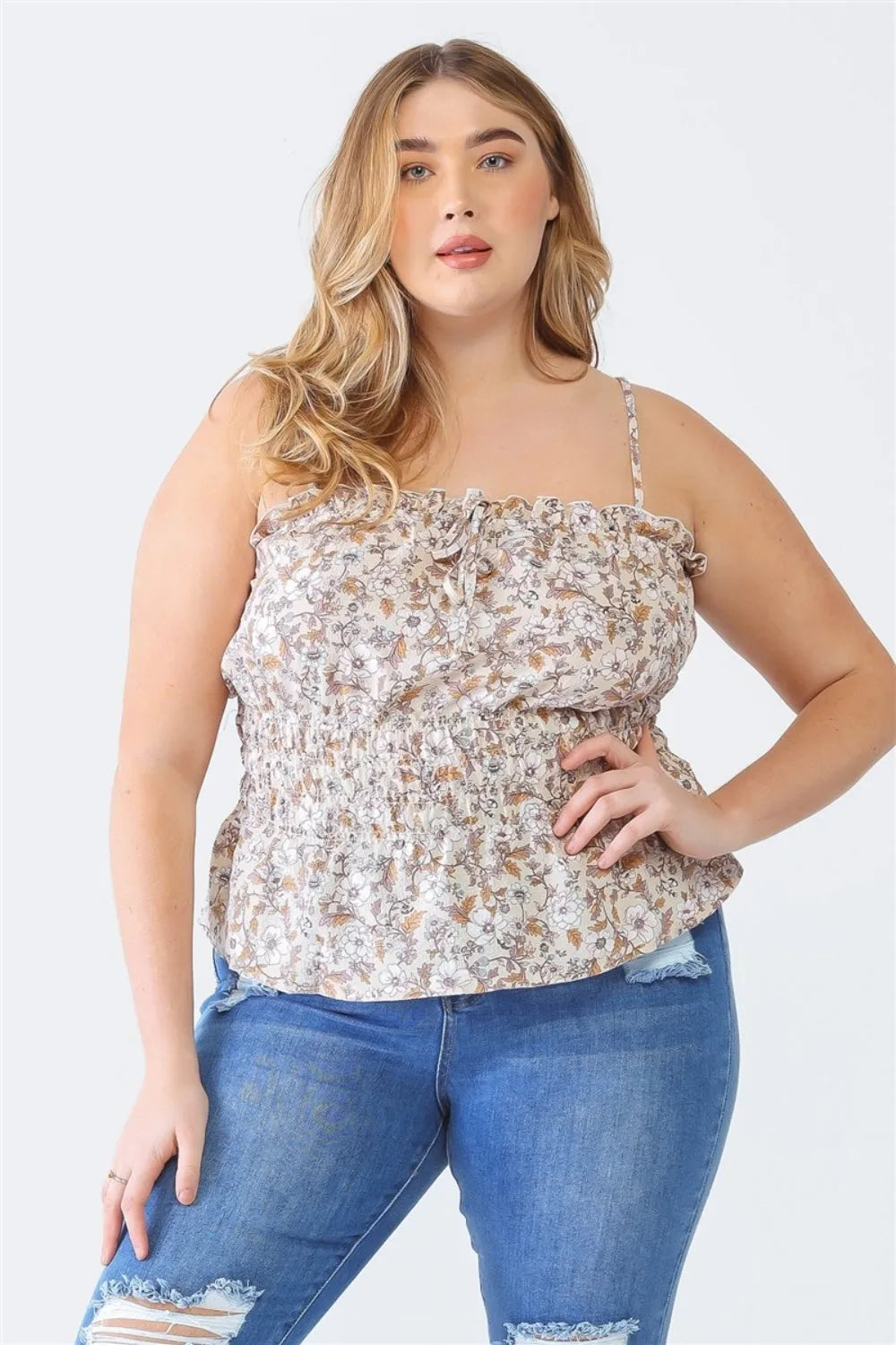 Zenobia Plus Size Frill Floral Square Neck Cami - Wellen Fashion