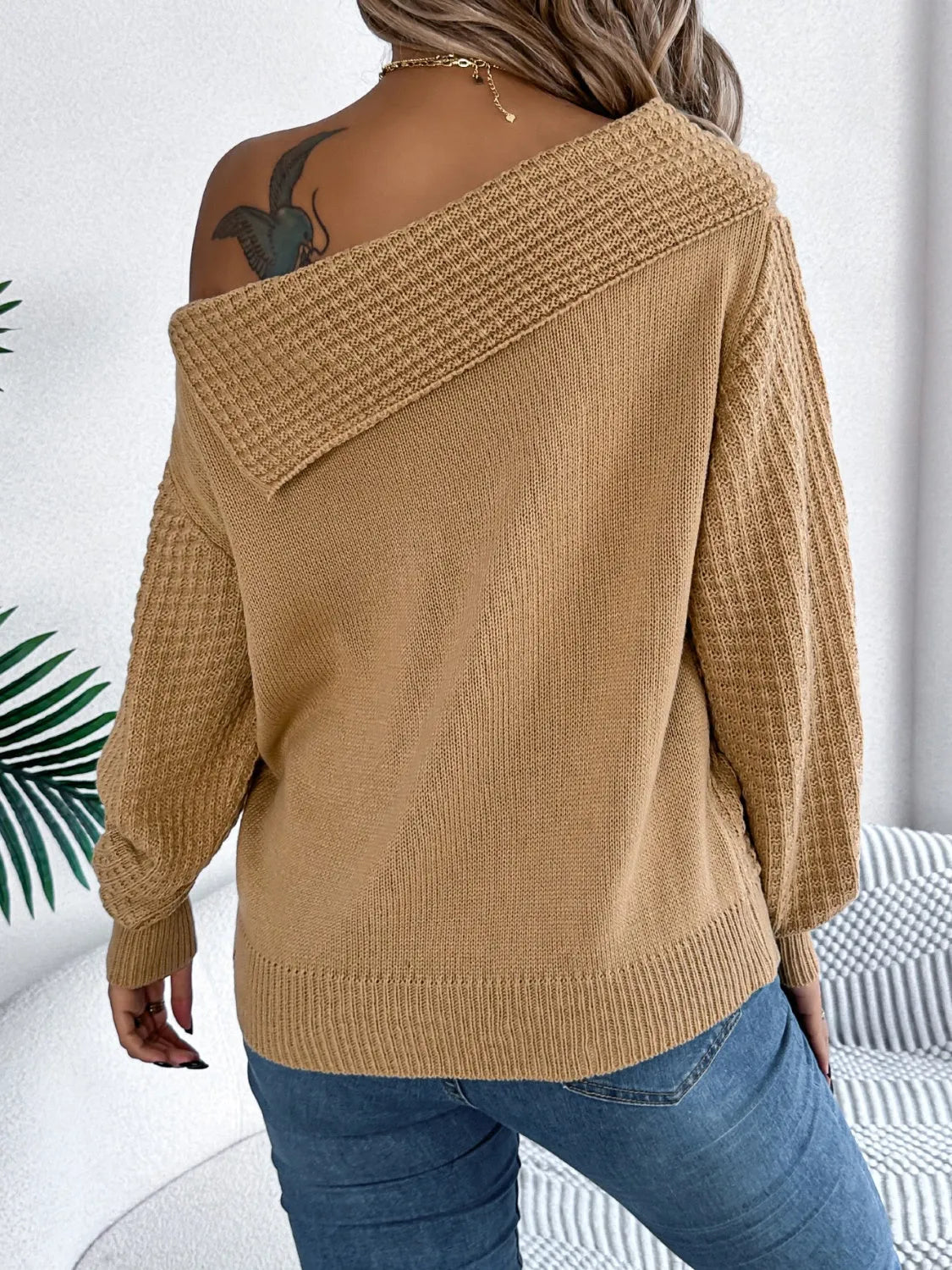 Cable-Knit One Shoulder Long Sleeve Sweater - Wellen Fashion