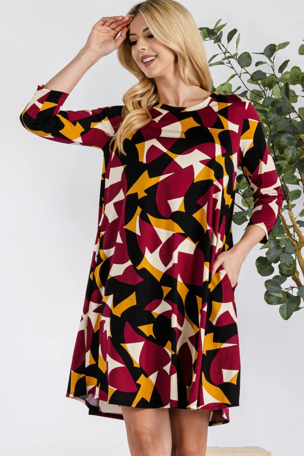 Celeste Full Size Geometric Round Neck Dress with Pockets - Wellen Fashion