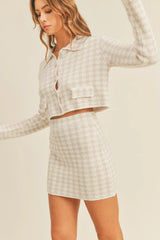 MABLE Houndstooth Cropped Knit Cardigan and Mini Skirt Set - Wellen Fashion