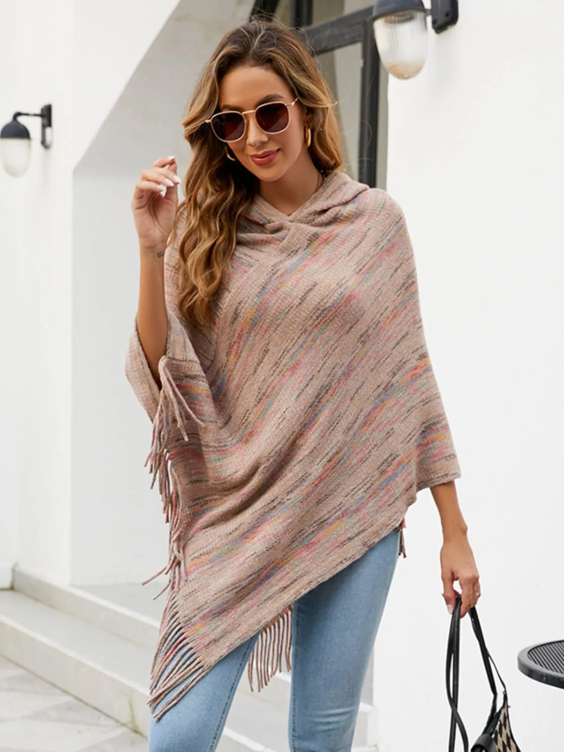 Fringe Hem Hooded Poncho - Wellen Fashion