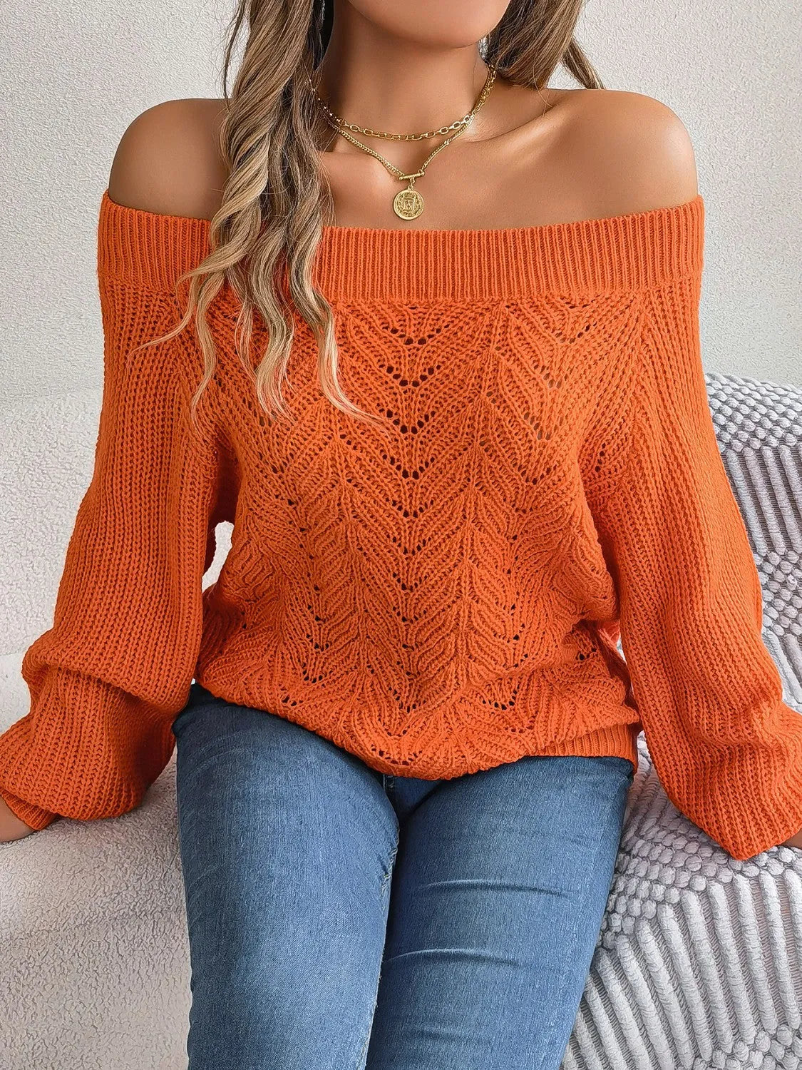 Openwork Off-Shoulder Long Sleeve Sweater - Wellen Fashion