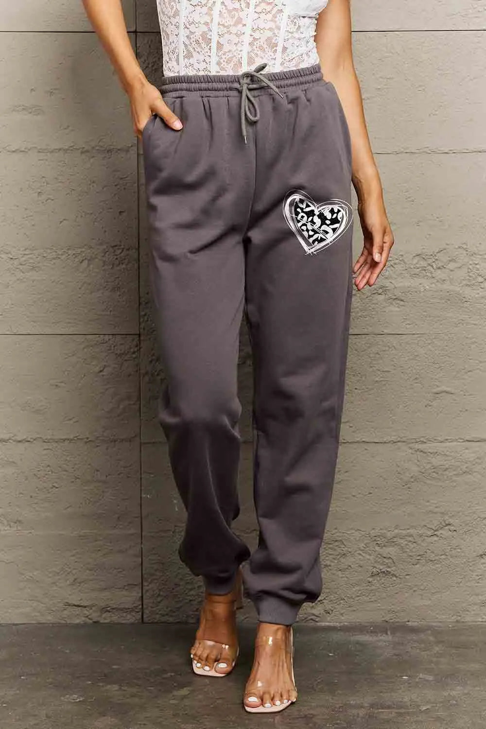 Simply Love Simply Love Full Size Drawstring Heart Graphic Long Sweatpants - Wellen Fashion