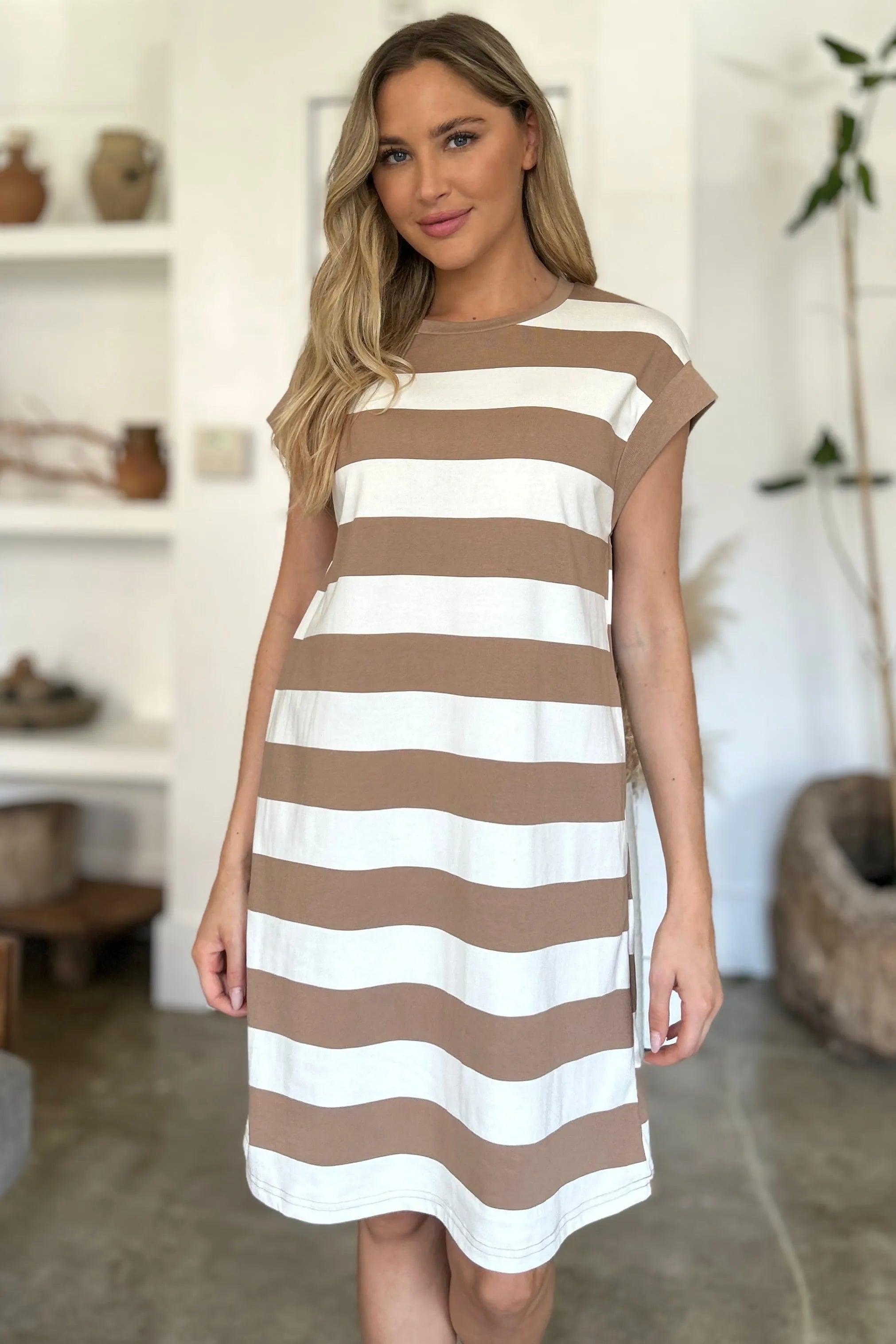 Basic Bae Full Size Striped Round Neck Cap Sleeve Mini Dress - Wellen Fashion