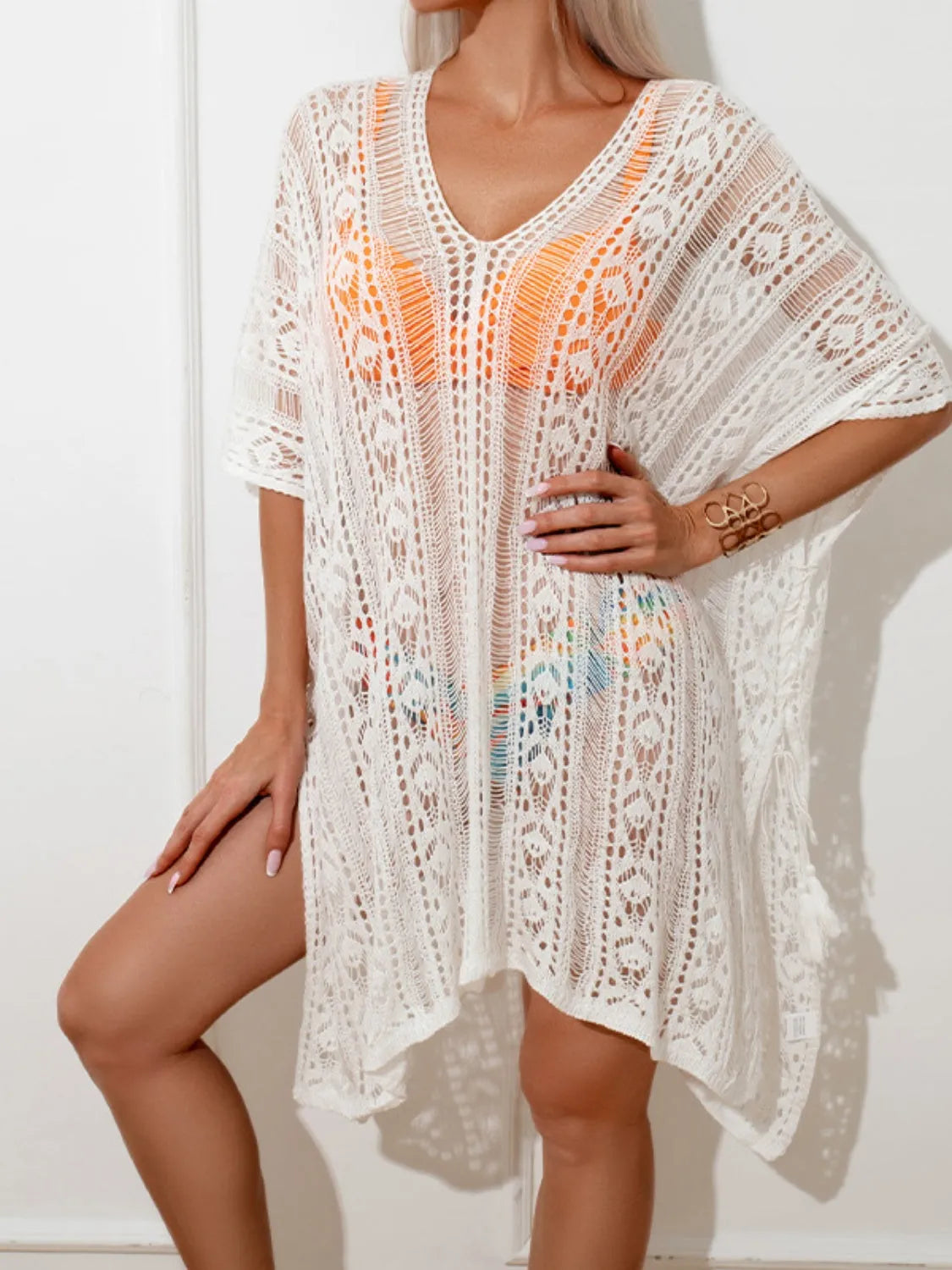 Openwork V-Neck Half Sleeve Cover-Up - Wellen Fashion