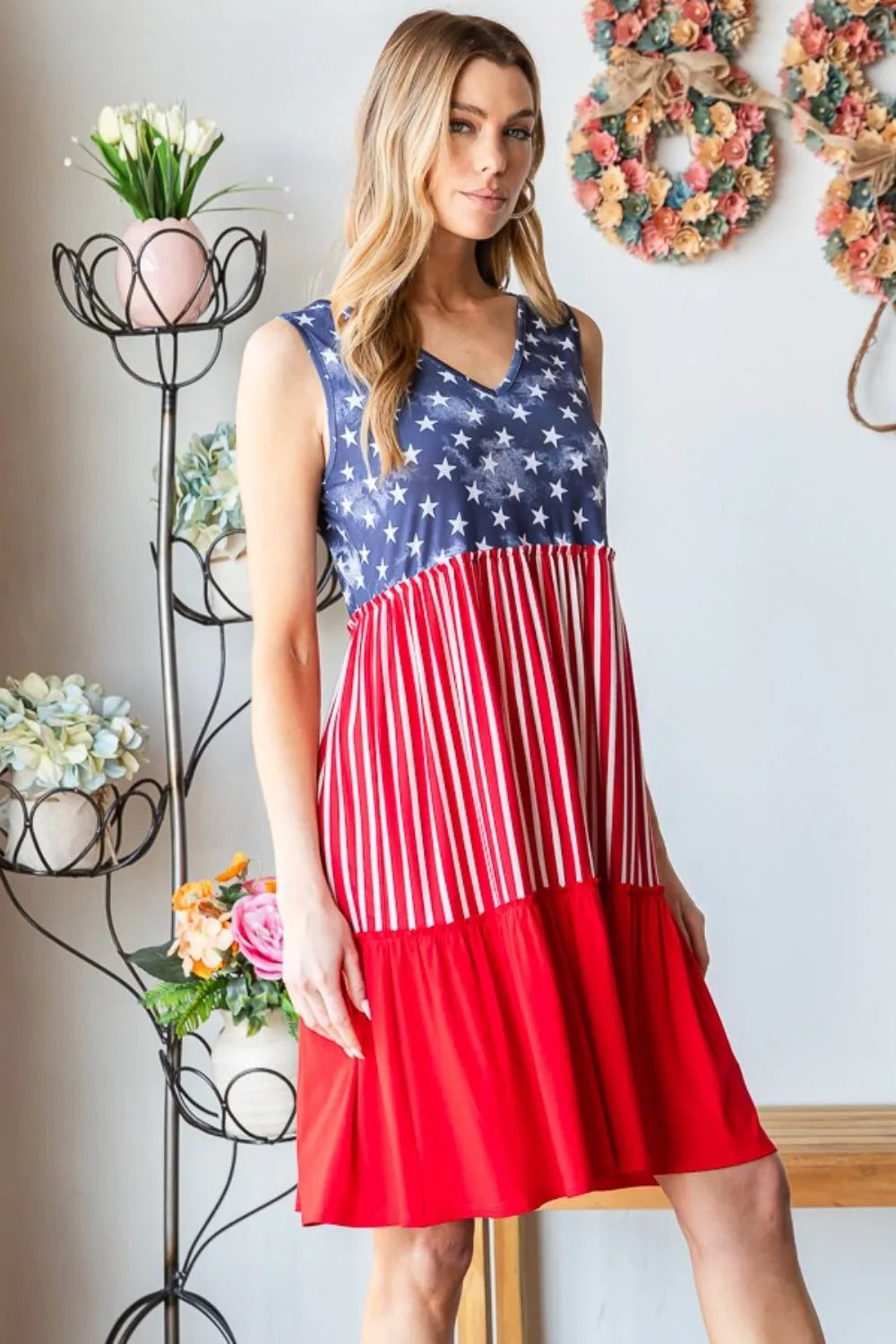 Heimish Full Size US Flag Theme Contrast Tank Dress - Wellen Fashion