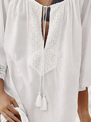 Lace Detail Tie Neck Three-Quarter Sleeve Cover Up - Wellen Fashion