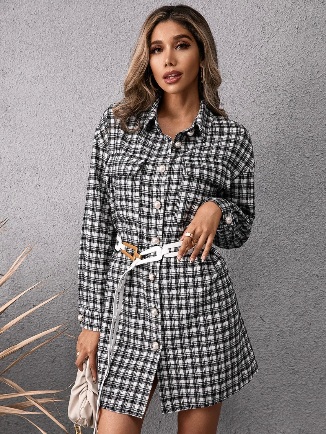 Pocketed Plaid Long Sleeve Mini Dress - Wellen Fashion