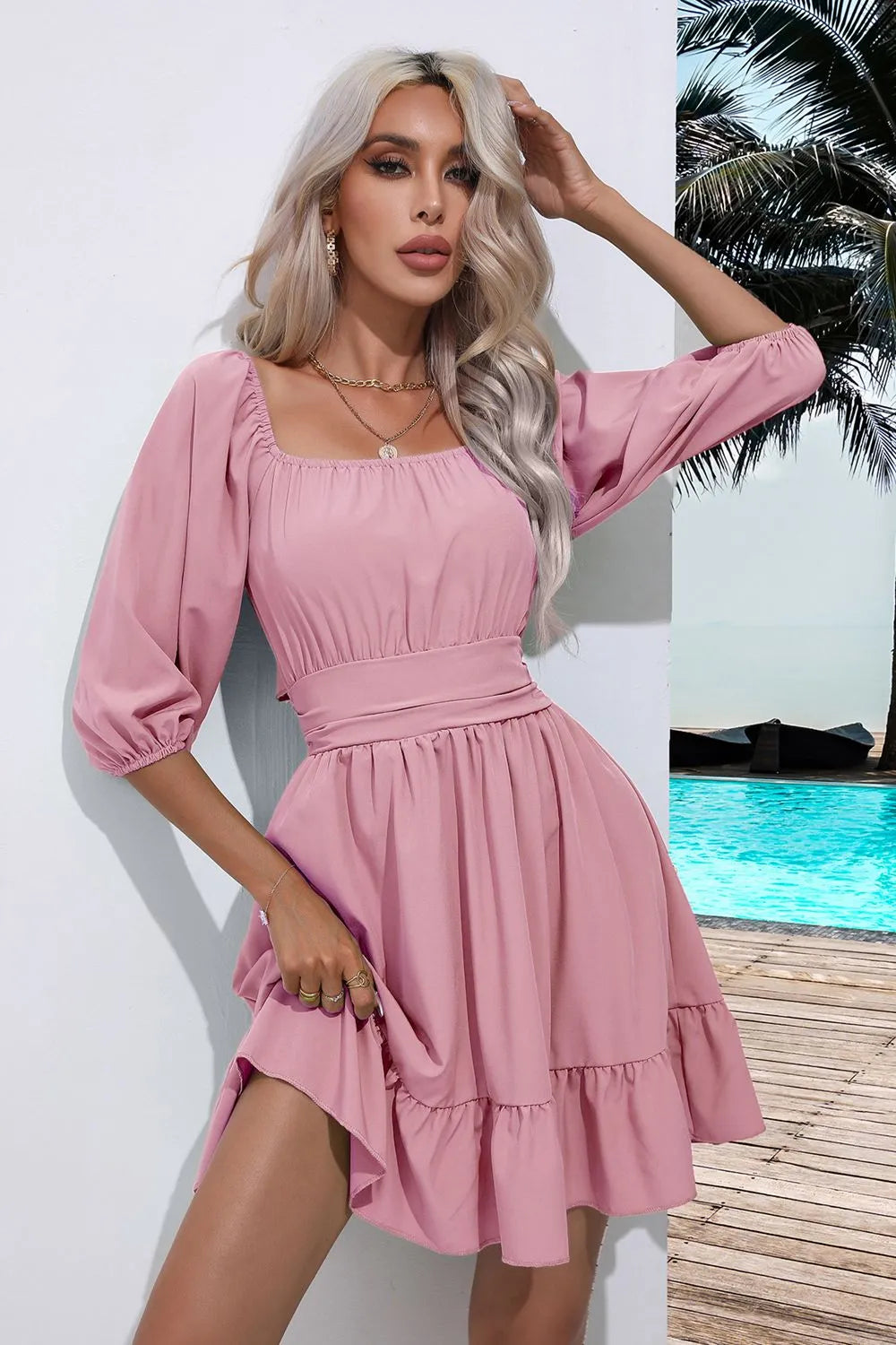 Square Neck Tie Back Ruffle Hem Dress - Wellen Fashion