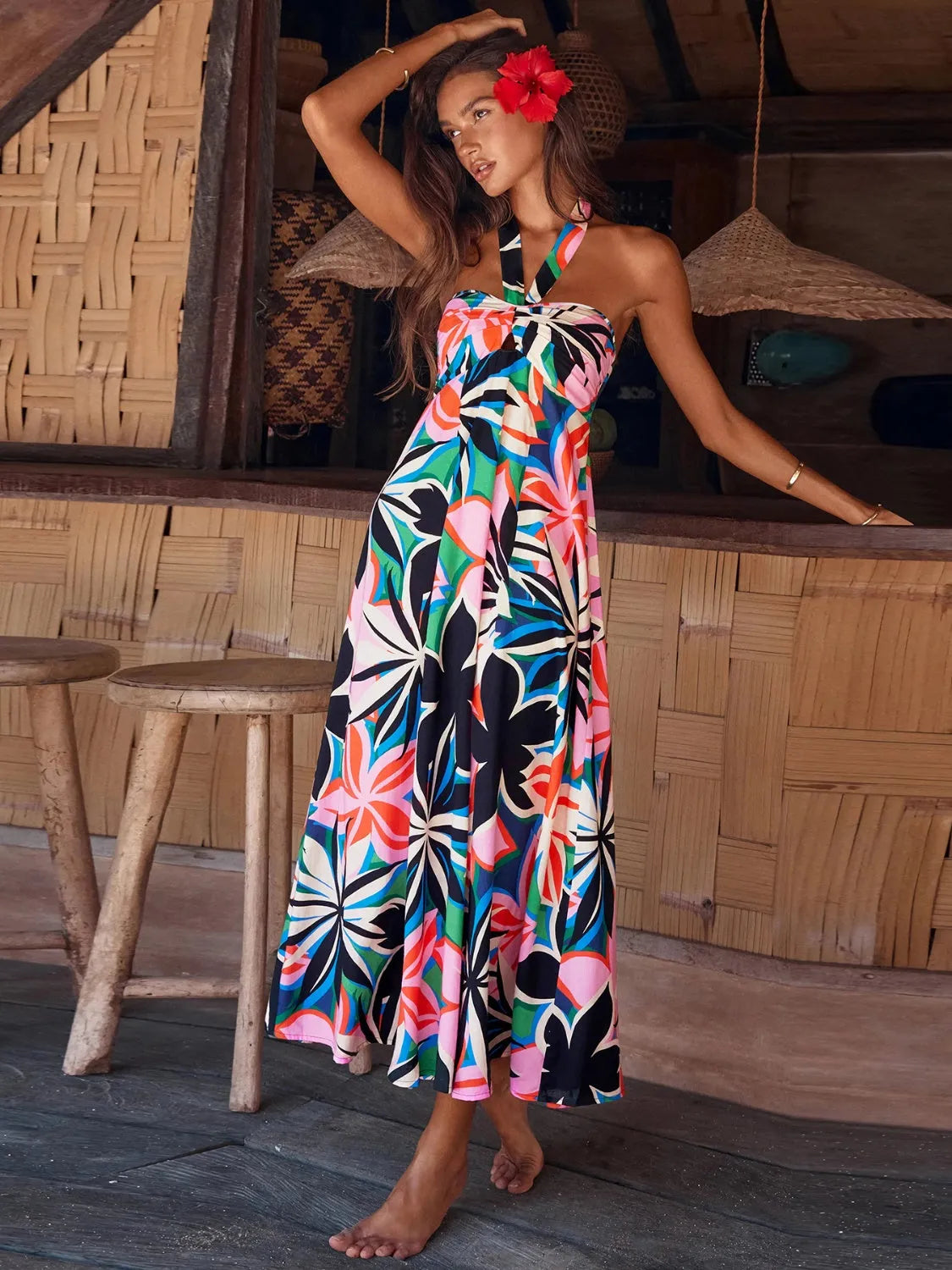 Printed Halter Neck Midi Cami Dress - Wellen Fashion