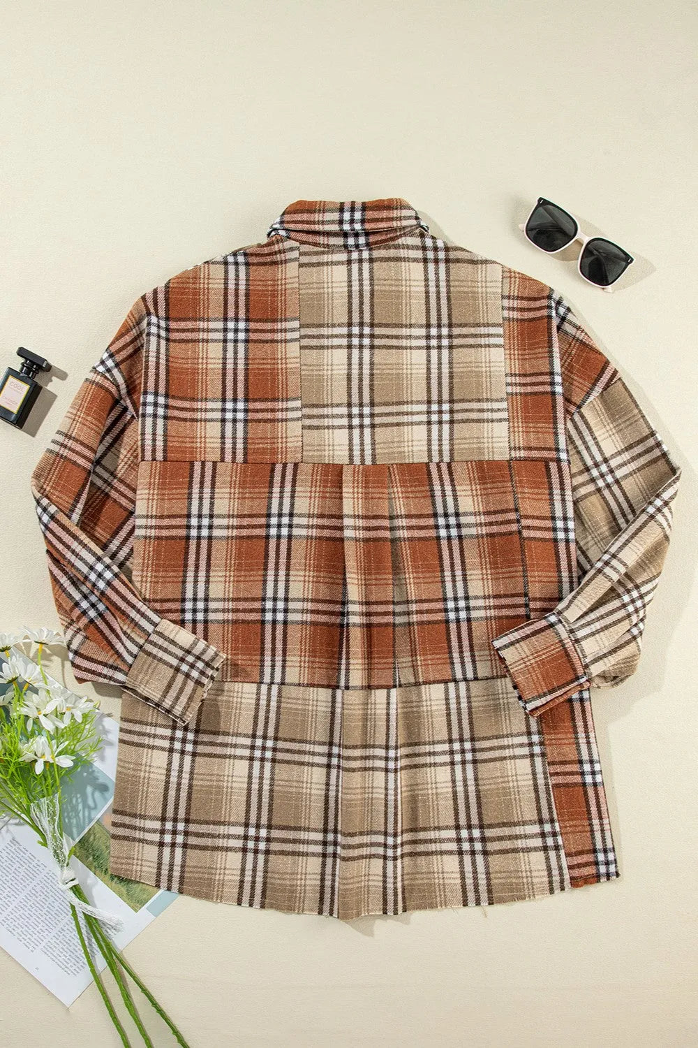 Plaid Snap Down Dropped Shoulder Shacket - Wellen Fashion