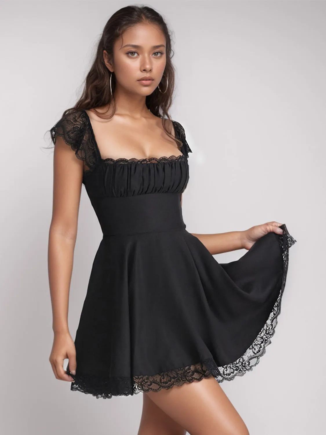 Lace Detail Square Neck Cap Sleeve Mini Dress - Wellen Fashion