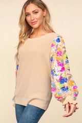 Haptics Floral Sequins Mesh Flounce Sleeve Sweater - Wellen Fashion