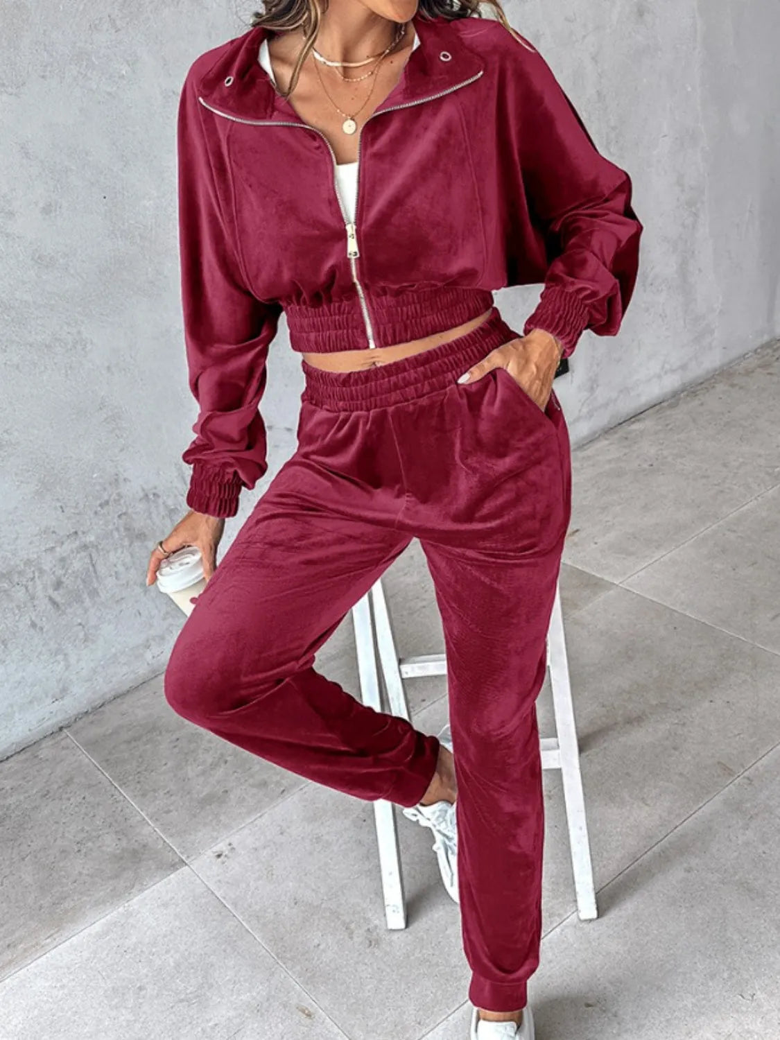 Zip Up Long Sleeve Cropped Top and Joggers Set - Wellen Fashion