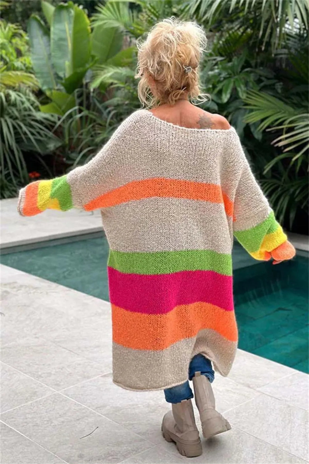 Color Block V-Neck Long Sleeve Sweater Dress - Wellen Fashion