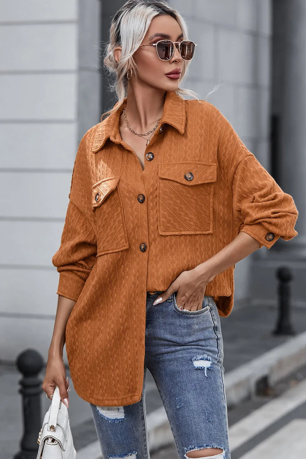 Textured Button Up Shacket with Pockets - Wellen Fashion