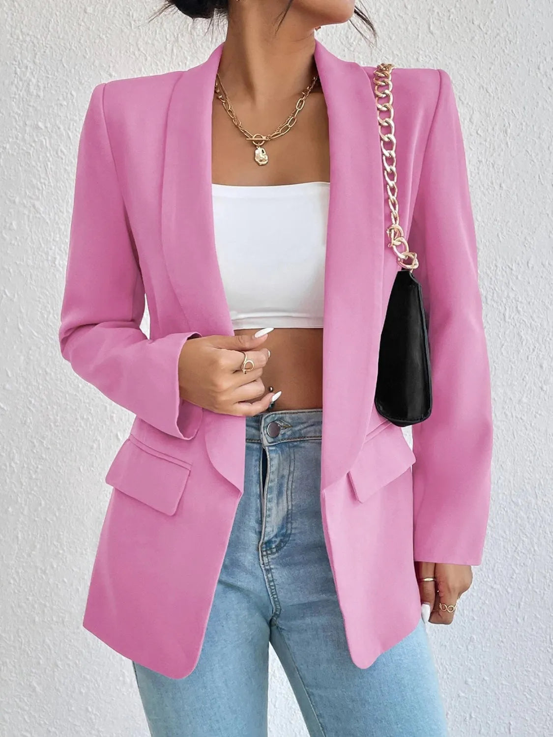 Shawl Collar Long Sleeve Blazer - Wellen Fashion