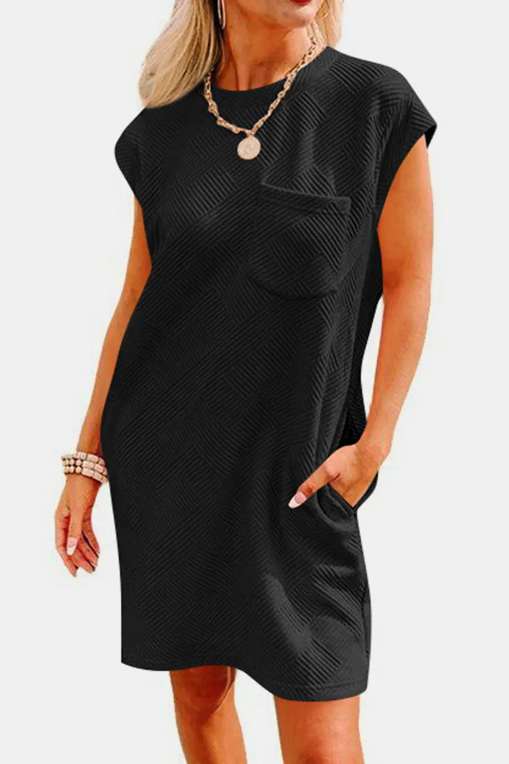 Textured Round Neck Cap Sleeve Dress - Wellen Fashion