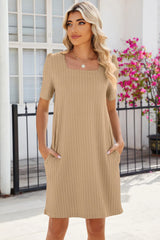 Pocketed Square Neck Short Sleeve Dress - Wellen Fashion