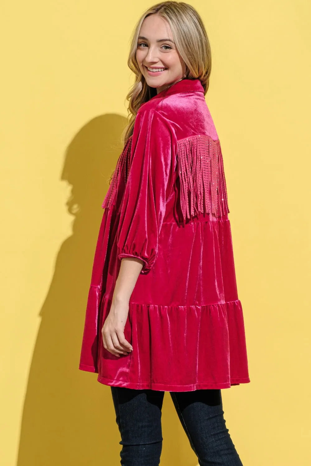 And The Why Fringe Detailed Velvet Shirt Dress - Wellen Fashion