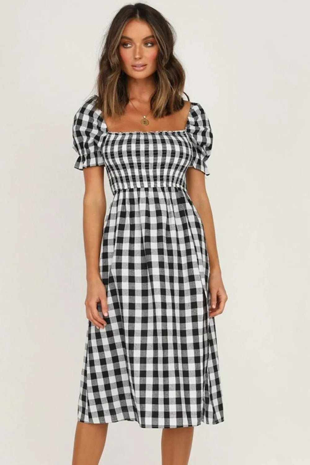 Full Size Slit Plaid Short Sleeve Midi Dress - Wellen Fashion