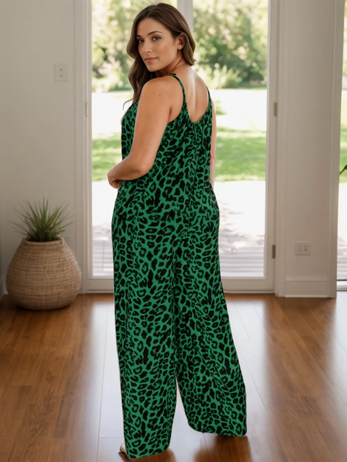 Full Size Leopard Scoop Neck Wide Leg Jumpsuit - Wellen Fashion