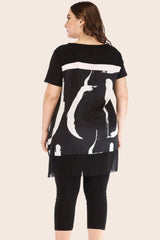 Plus Size Contrast Spliced Mesh T-Shirt and Cropped Leggings Set - Wellen Fashion