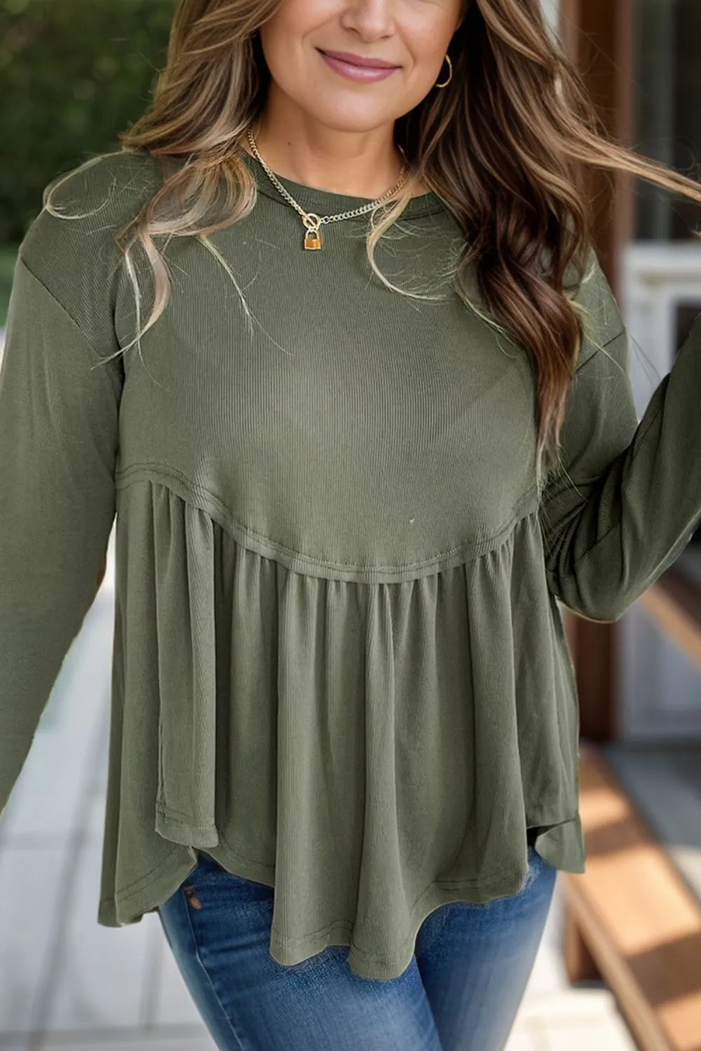 Plus Size Peplum Round Neck Long Sleeve Blouse - Wellen Fashion