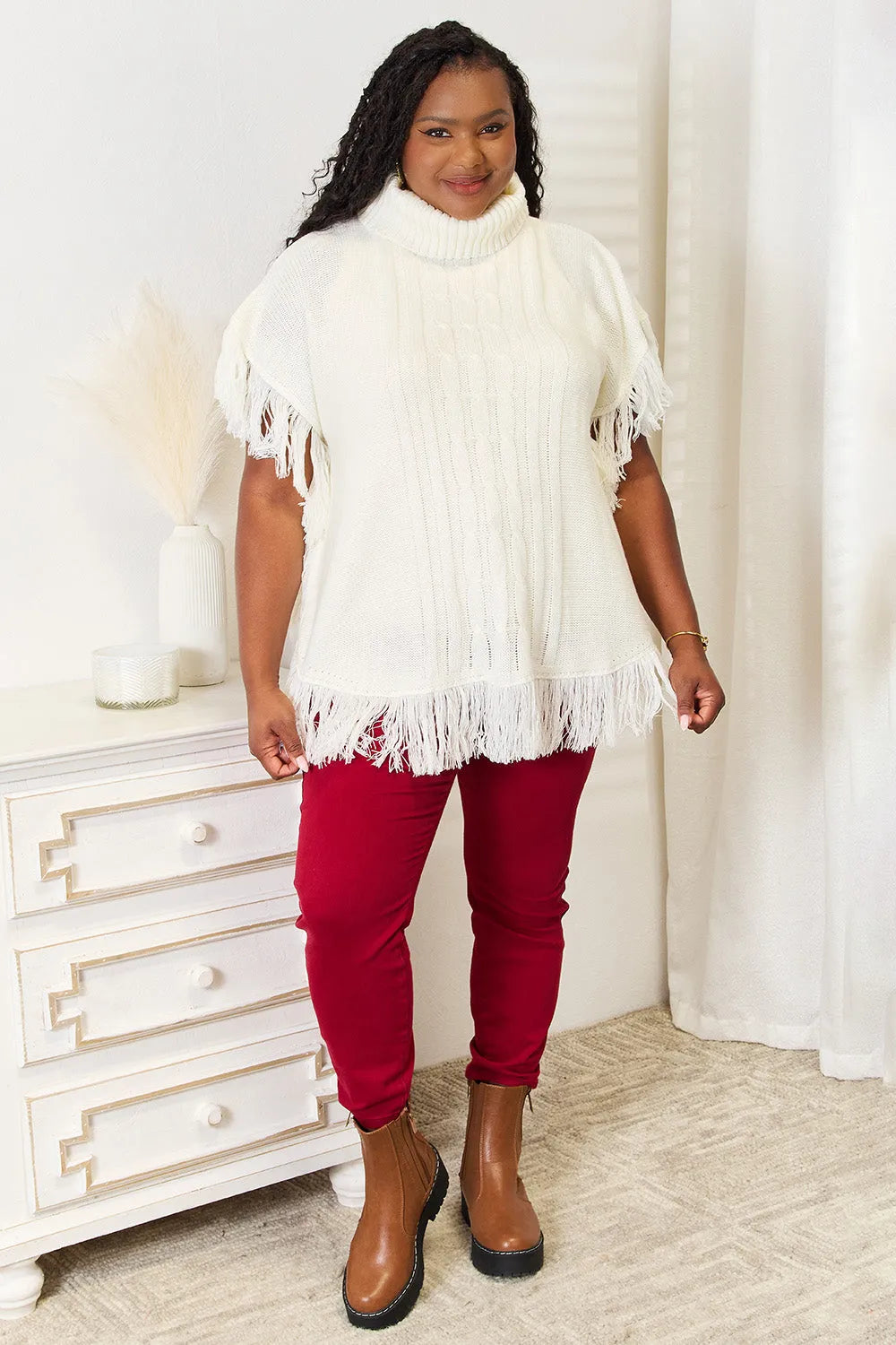 Justin Taylor Turtle Neck Fringe Poncho - Wellen Fashion