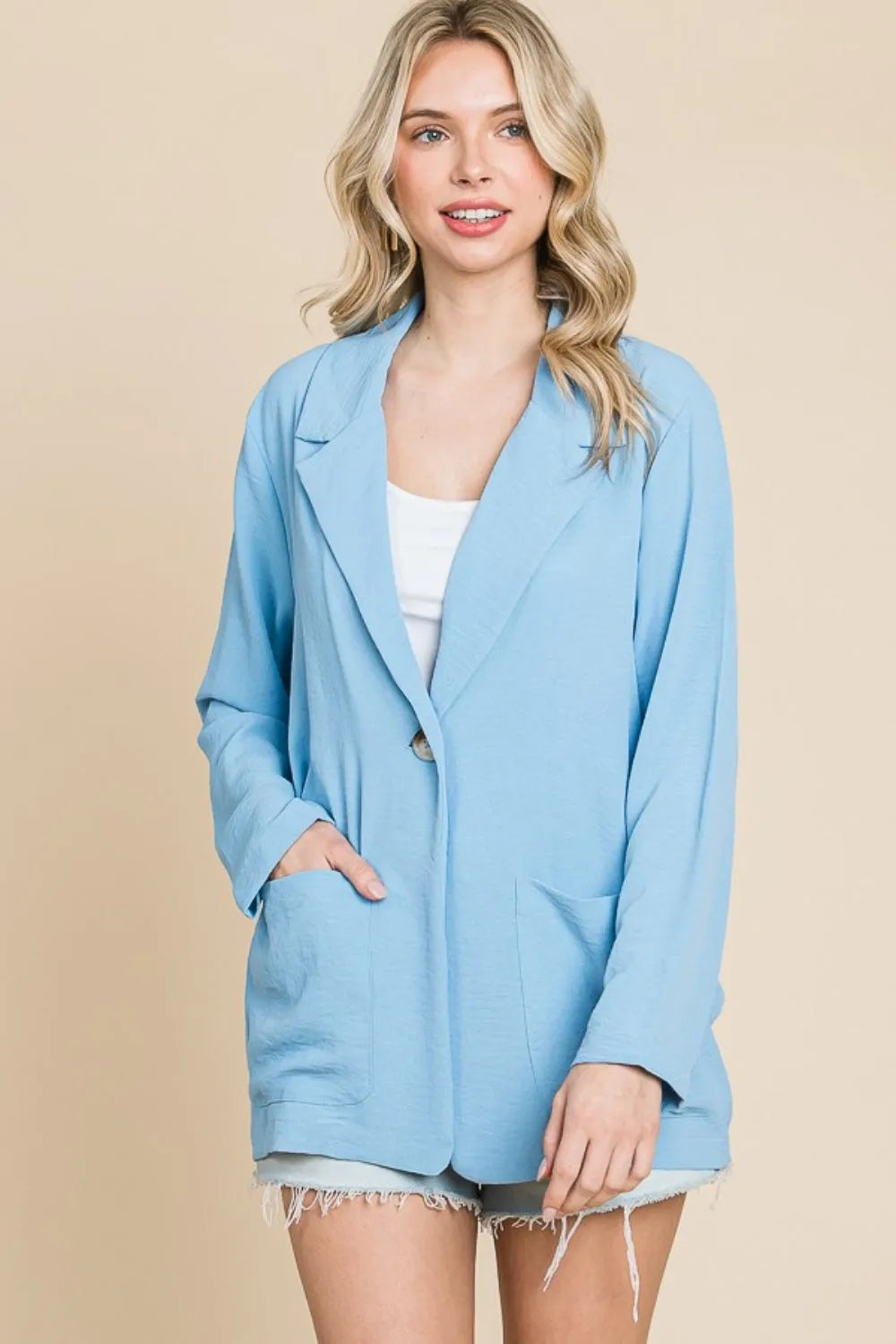 Culture Code One Button Long Sleeve Blazer with Pockets - Wellen Fashion