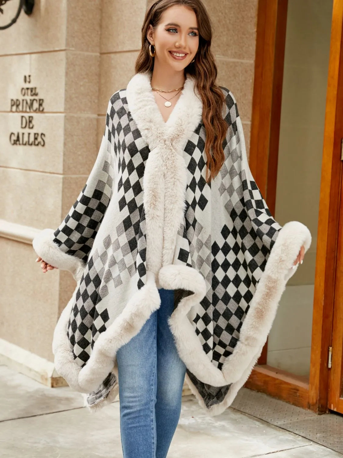 Checkered Faux Fur Trim Poncho - Wellen Fashion