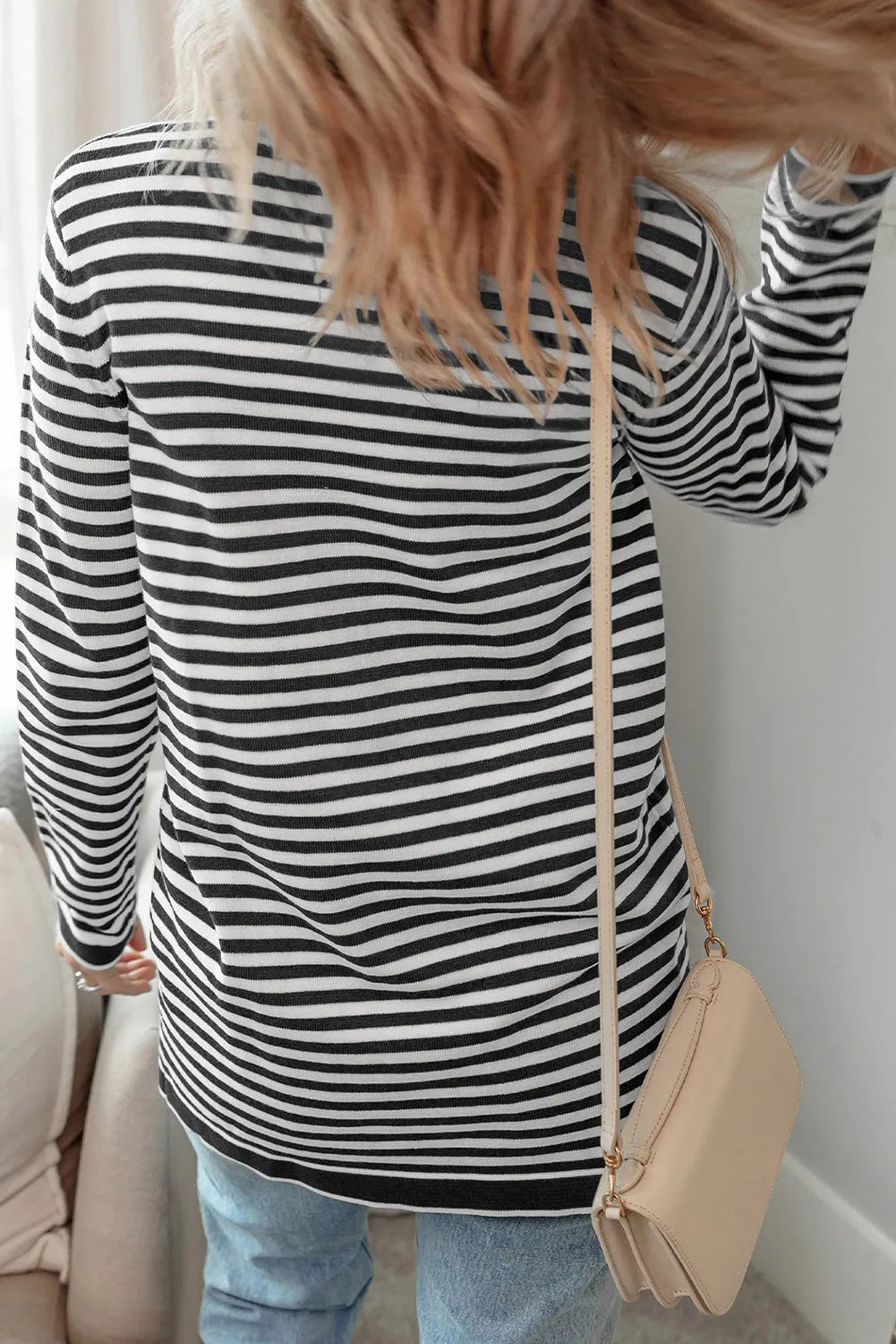 Striped Open Front Long Sleeve Cardigan - Wellen Fashion